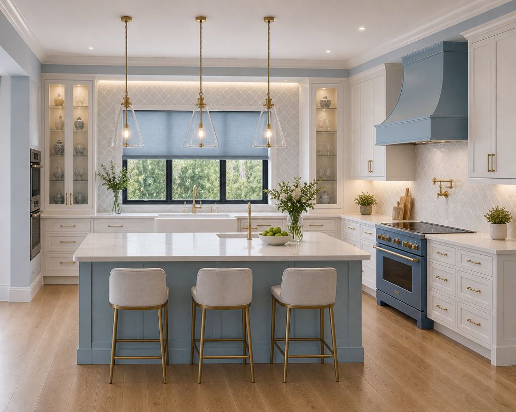 Blue and white kitchen with gold accents