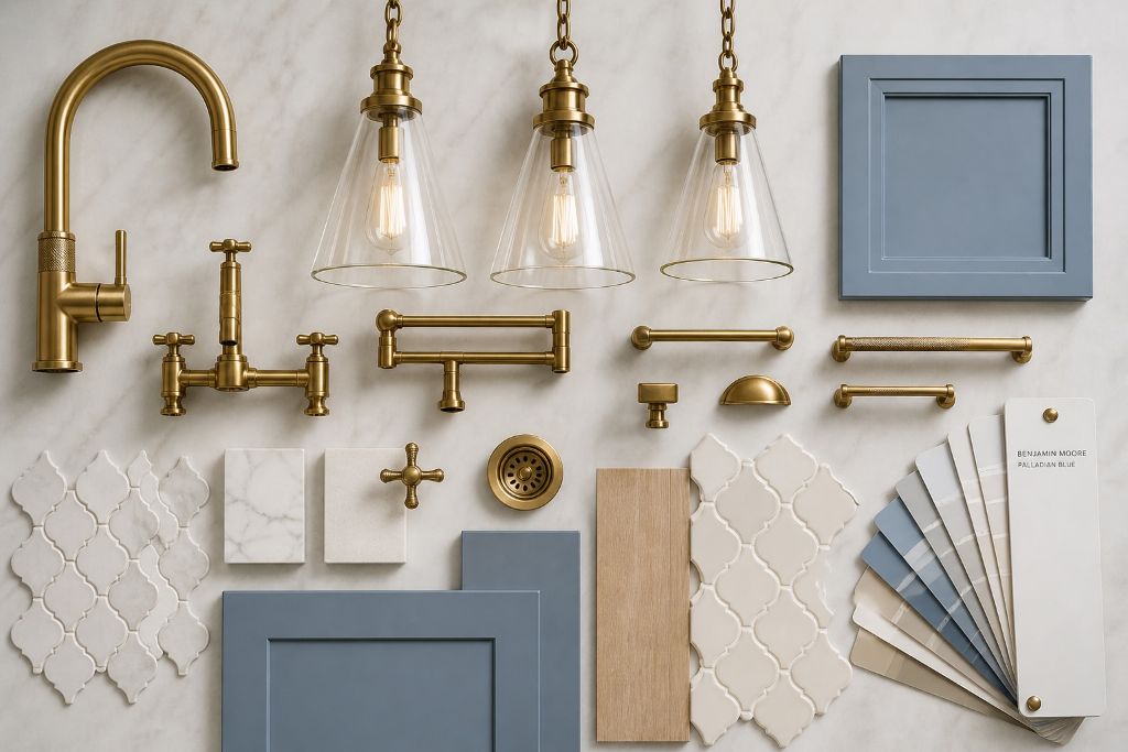 Kitchen materials flatlay - brass fixtures, tiles and paint swatches