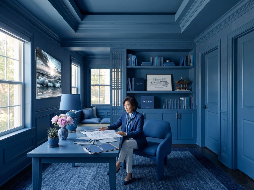 Color drenching blue study room