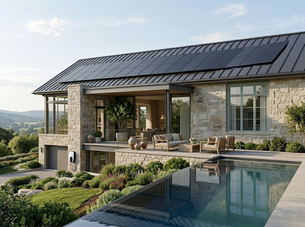 Net-zero home with solar panels and pool