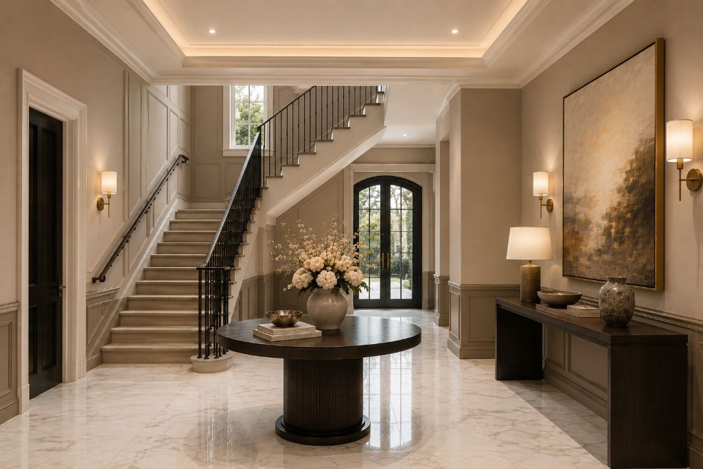Elegant foyer with warm neutral tones