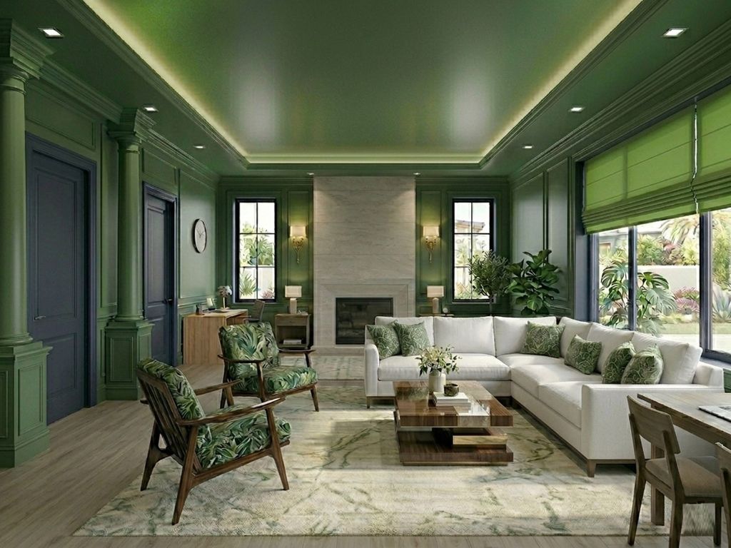 Green color drenched living room - spatial expansion