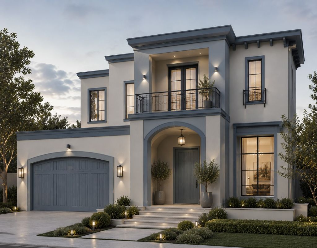 Desaturated blue-gray modern home exterior at dusk