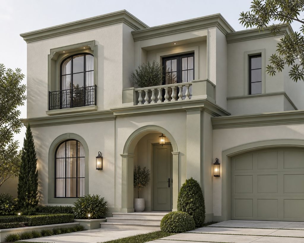 Sage green exterior home with biophilic design