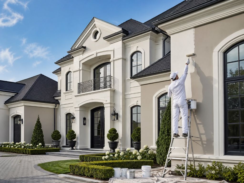 Luxury home exterior being painted in off-white