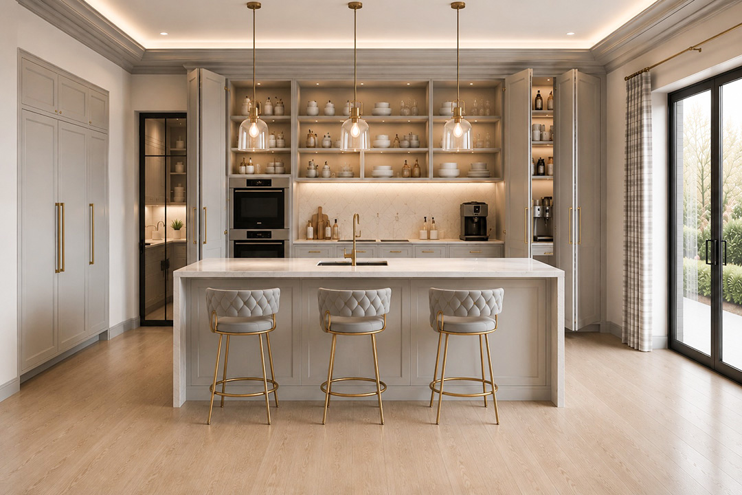 A hidden kitchen with panels open, revealing full functionality