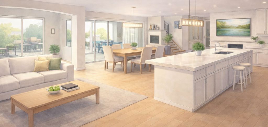 A beautifully clean and serene open-plan living space