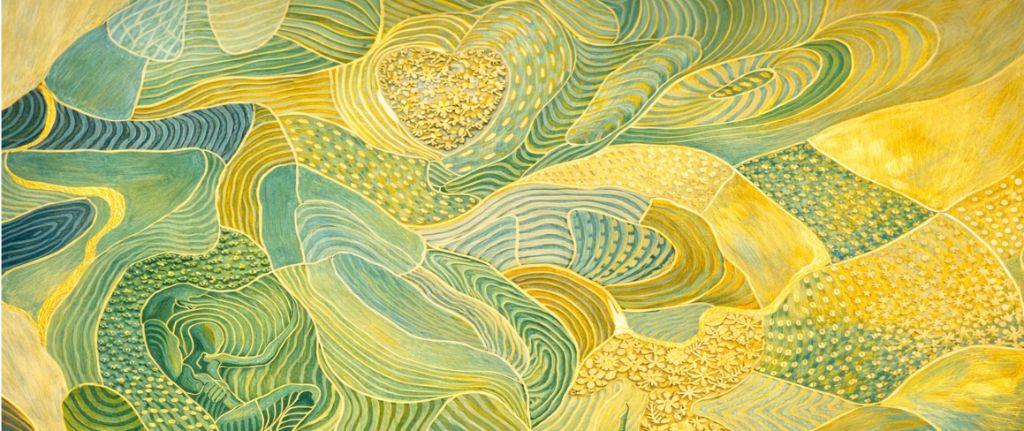 Abstract flowing energy fields in green and gold